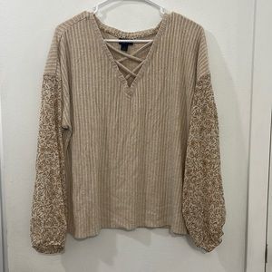 Beige Daytrip V-neck Sweater with Floral Sleeves
